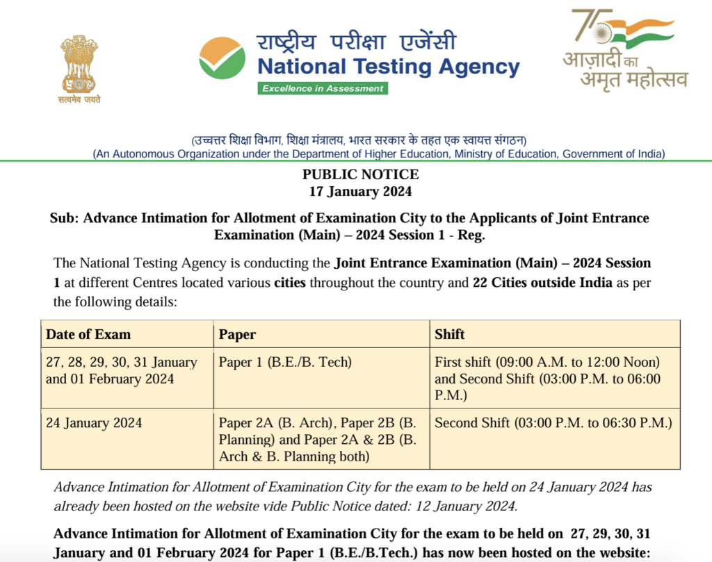 JEE Main 2024: Exam City Intimation and Updates